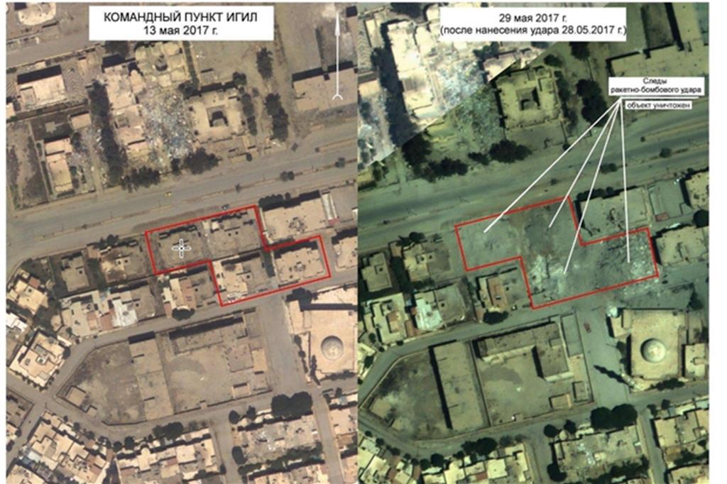La zona (secondo i russi) colpita a Raqqa, prima e dopo il bombardamento (Ansa)