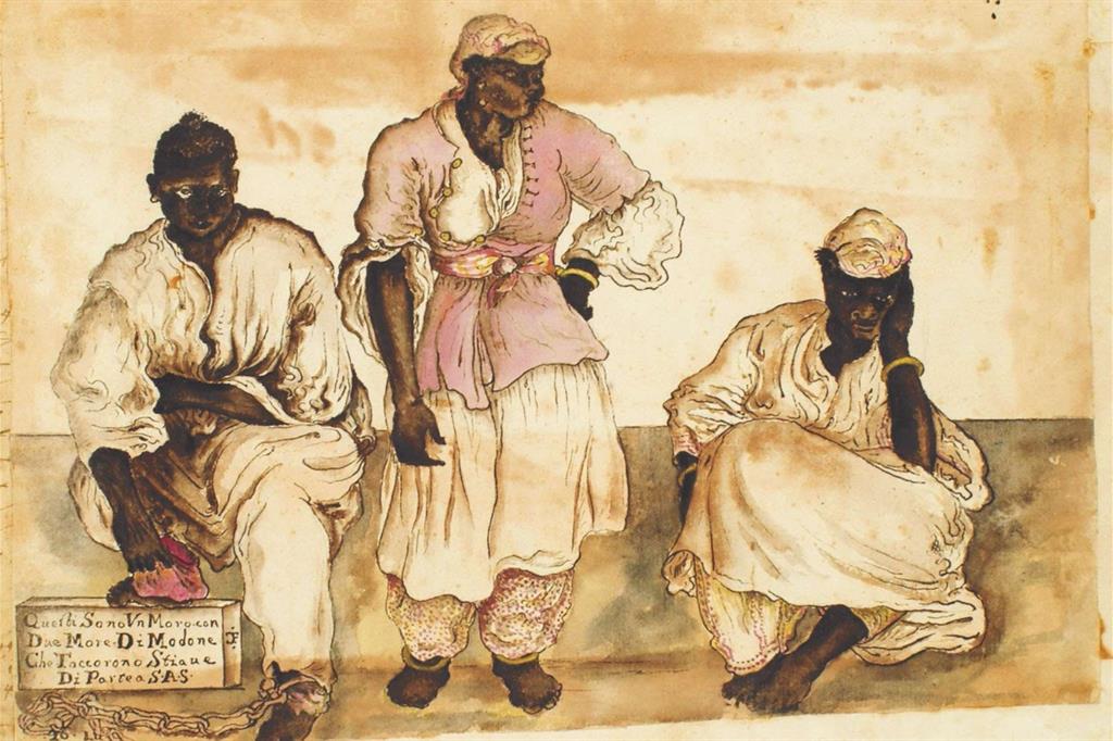 Due schiave e uno schiavo africani preda di guerra nel Peloponneso in un disegno veneziano del 1686