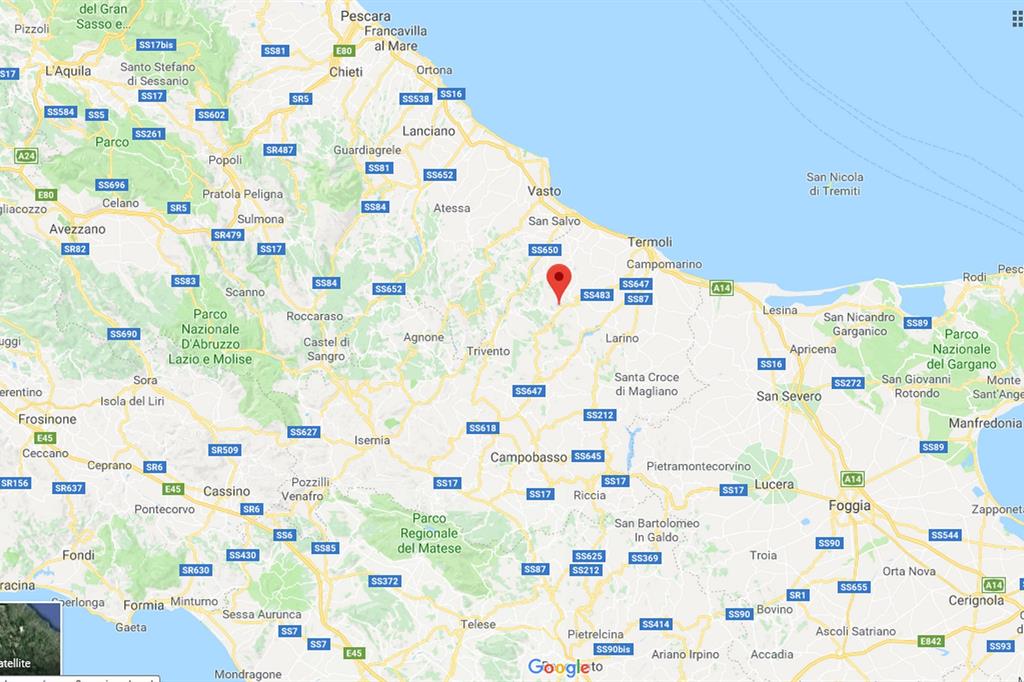 Il marcatore rosso indica l'epicentro, localizzato a un chilometro da Acquaviva Collecroce