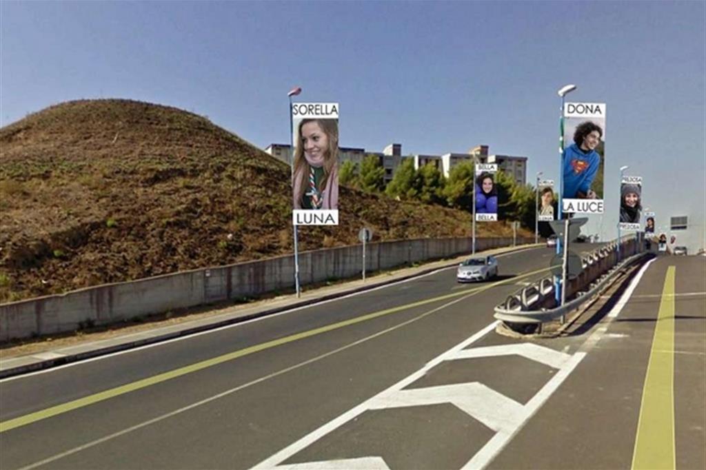 Il rendering di un viale del quartiere catanese con i "banner" del "Cantico di Librino" che campeggiano sui pali dei lampioni