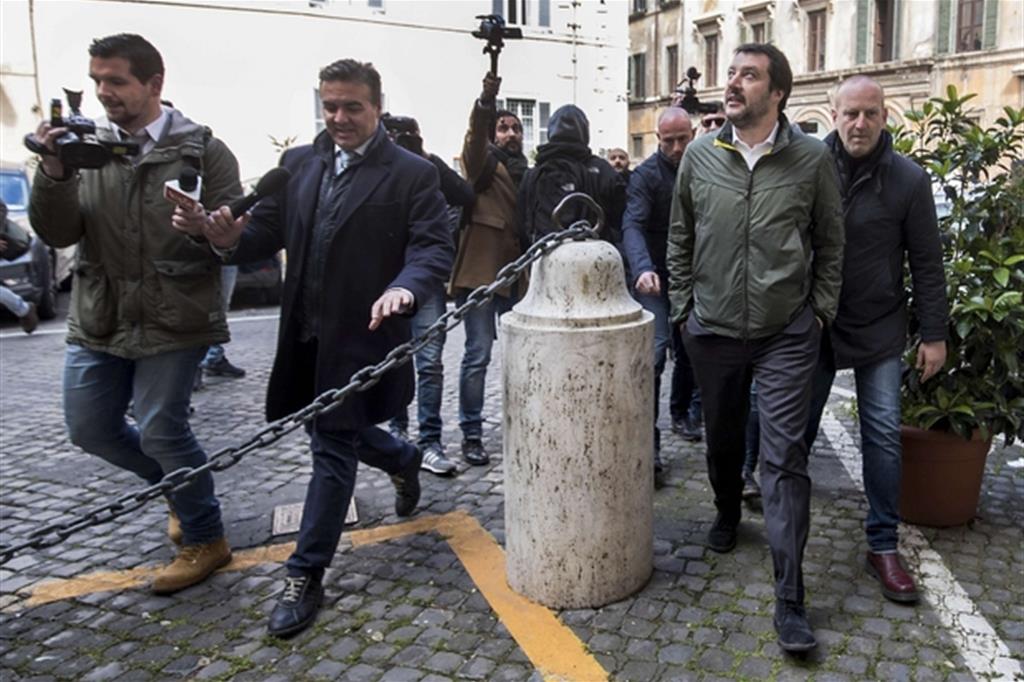 Matteo Salvini oggi all'arrivo a Palazzo Grazioli per il vertice del centrodestra