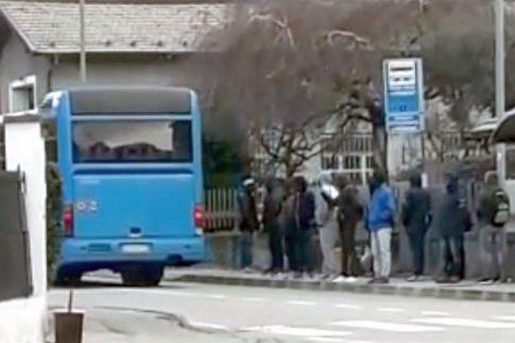 Nella frazione di Marco di Rovereto i profughi che aspettano alla fermata dell'autobus