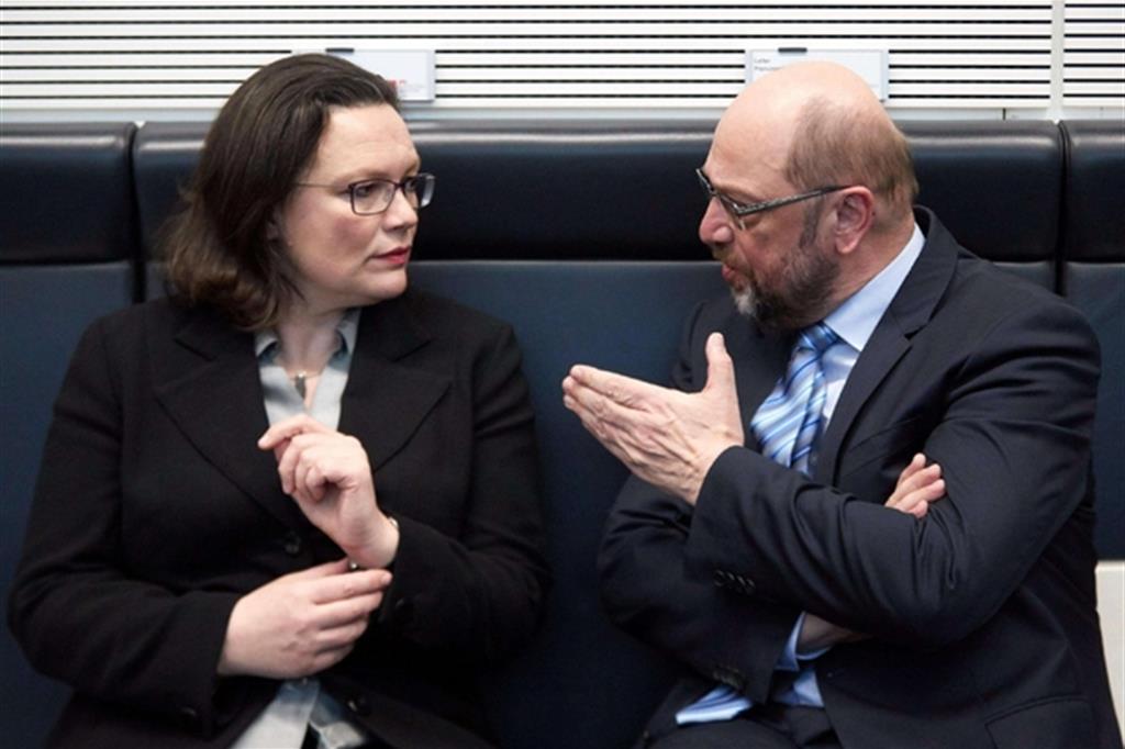 Martin Schulz, leader del Spd, con Andrea Nahles candidata alla presidenza del partito (Epa)