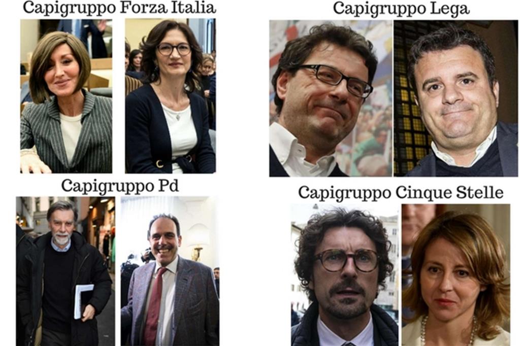 In alto a sinistra: Annamaria Bernini e Mariastella Gelmini (Forza Italia). In basso a sinistra: Graziano Delrio e Andrea Marcucci (Pd). In alto a destra: Giancarlo Giorgetti e Gianmarco Centinaio (Lega). In basso a destra: Danilo Toninelli e Giulia Grillo (Cinque Stelle)