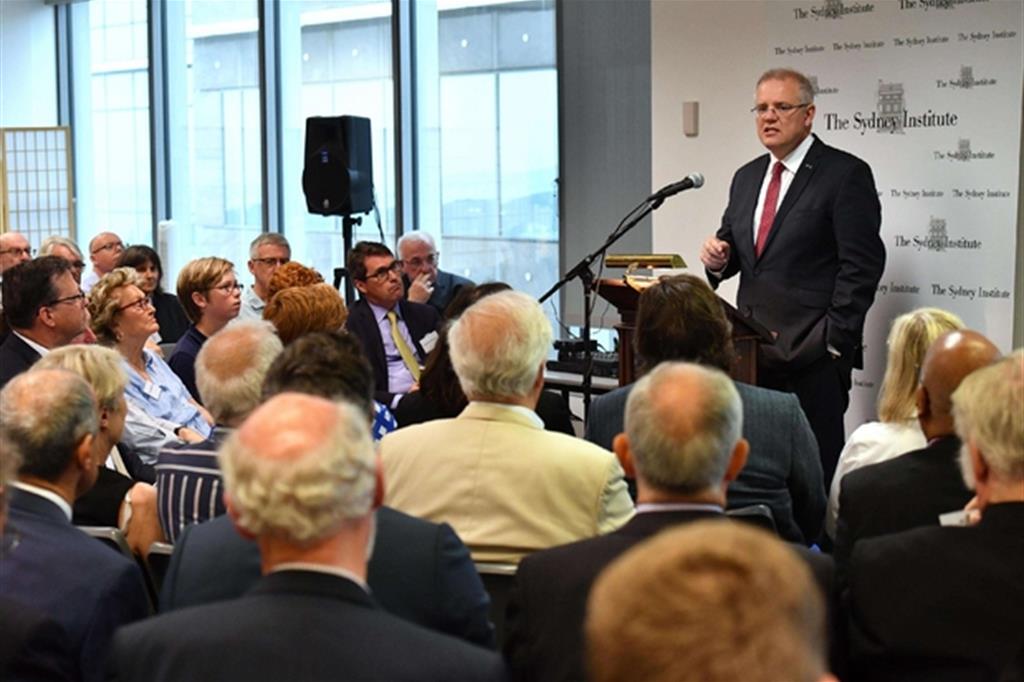 il premier australiano Scott Morrison durante il suo intervento al Sydney Institute (Ansa)