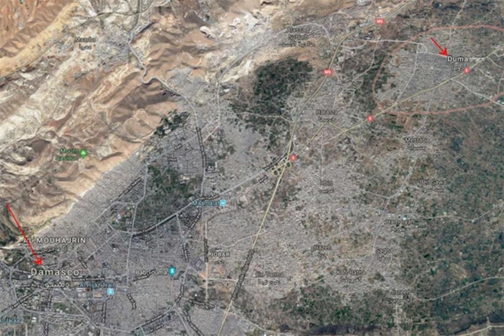 La mappa della regione della Ghouta, ora liberata dalle formazioni ribelle (Google maps) - 