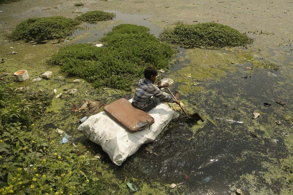 Il 5 giugno si celebra la Giornata dell'ambiente. Quest'anno dedicata alla lotta alla plastica. Qui un giovane raccoglie plastica dal lago Badbdemb, nel Kahsmir indiano (Ansa) - 