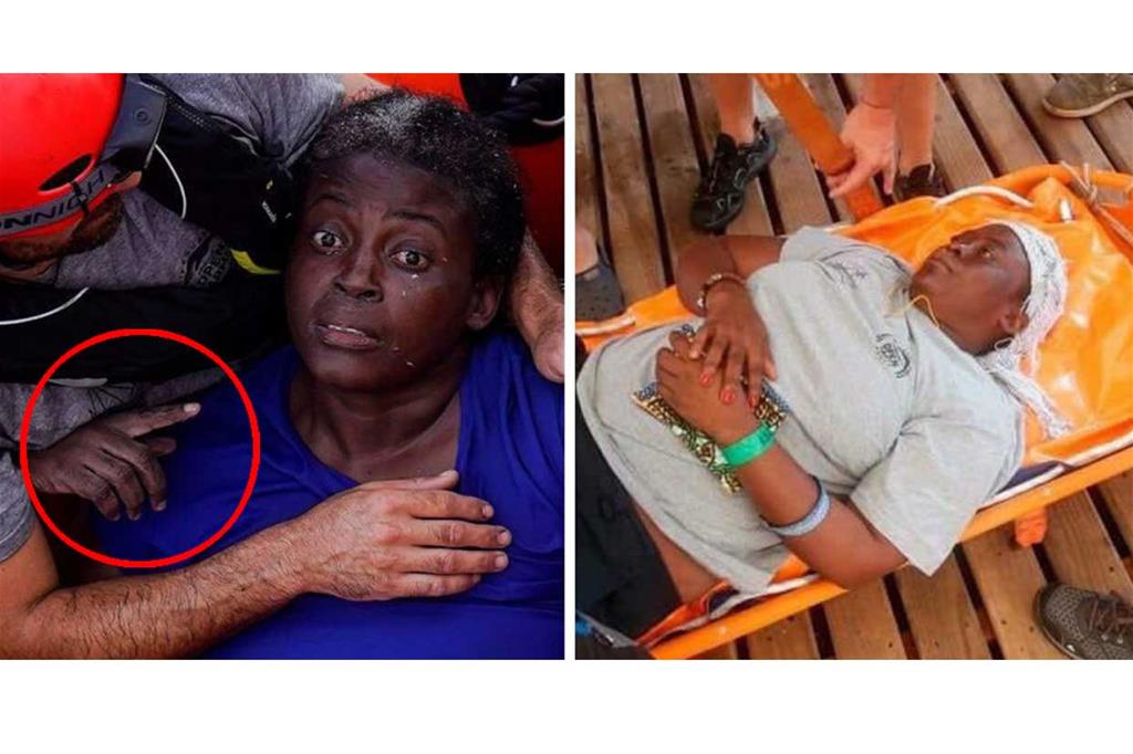 Le due foto di Josefa, salvata dopo 48 ore in acqua (a sinistra) e al momento dello sbarco (a destra) con le unghie laccate dai volontari della Open Arms