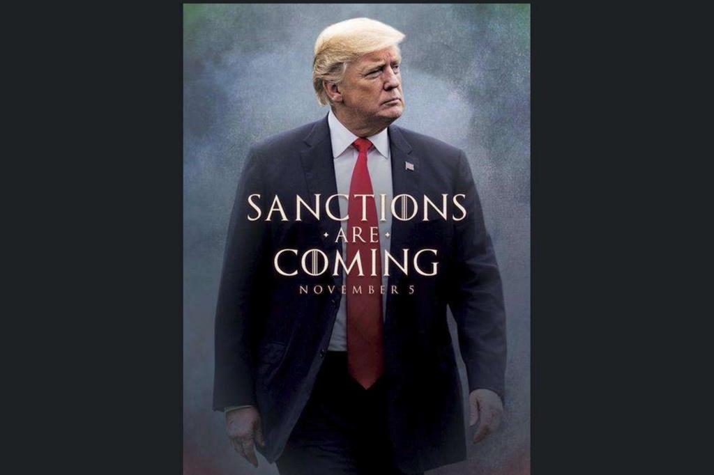 Sul profilo Twitter del presidente degli Stati Unit, Donald Trump, la seconda tranche delle sanzioni contro l'Iran è annunciata in stile cinematografico (Ansa/Twitter)