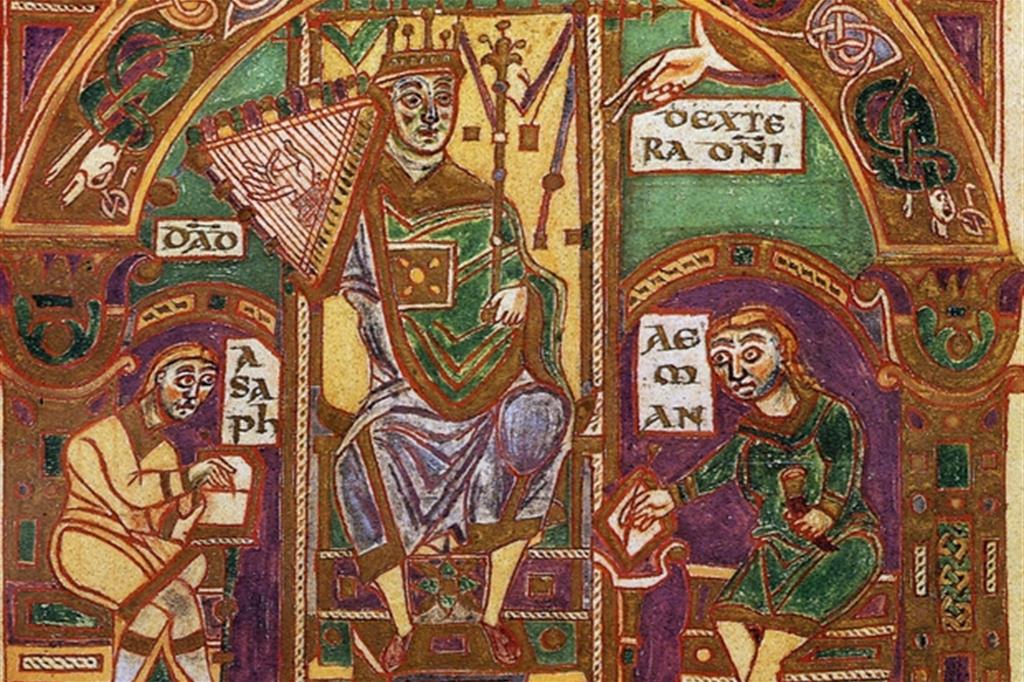 "Re Davide suona la cetra", pagina miniata da un Salterio e Innario ambrosiano dell'XI secolo (Biblioteca Apostolica Vaticana)