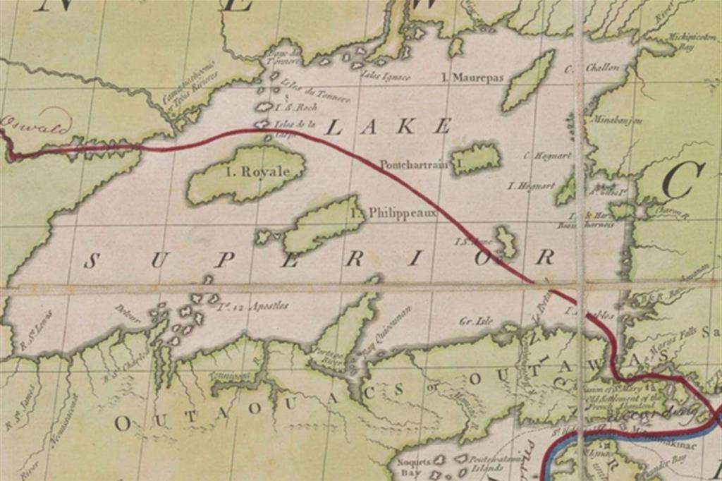 Nella mappa, al centro, l’isola di Phelipeaux nel Lago Superiore, Nord America