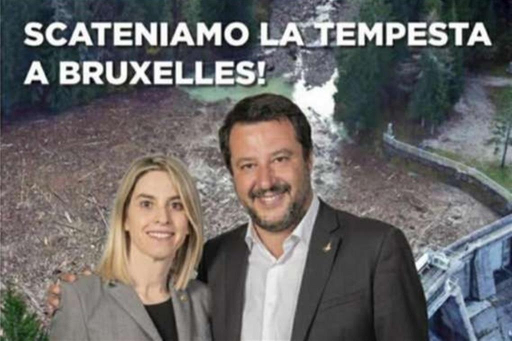 Salvini e la candidata. Sorridenti, con alle spalle le immagini della tempesta che sconvolse il Veneto e ne distrusse le meravigliose foreste. Con la promessa di esportare la tempesta (distruttiva) i Europa
