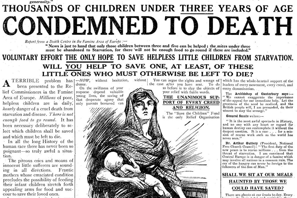 Una pagina pubblicata dal Daily Mirror negli anni 20 sulla campagna fondi di Save the Children (Save the Children)