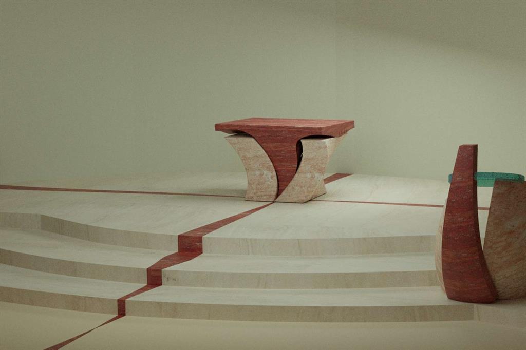 Raul Gabriel, progetto per presbiterio (poli liturgici e geometria del pavimento), rendering, 2019