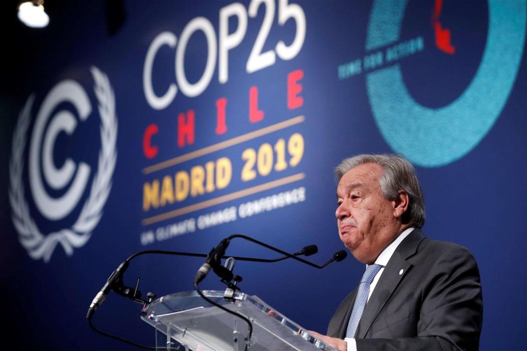 Il segretario generale delle Nazioni Unite, Antonio Guterrez, alla Conferenza sul clima che ha riunito a Madrid i leader di 198 Paesi