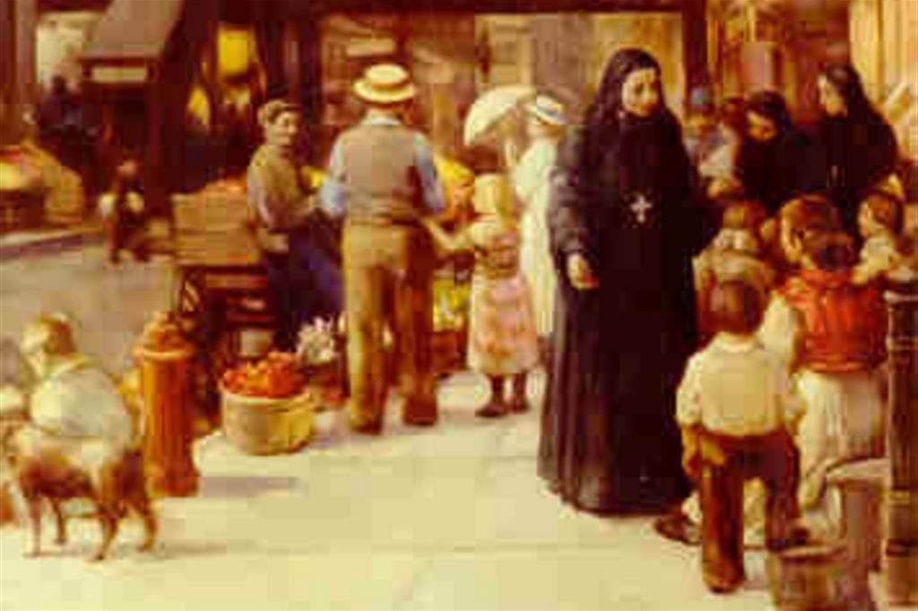 Un dipinto che raffigura Madre Cabrini tra gli emigrati di New York