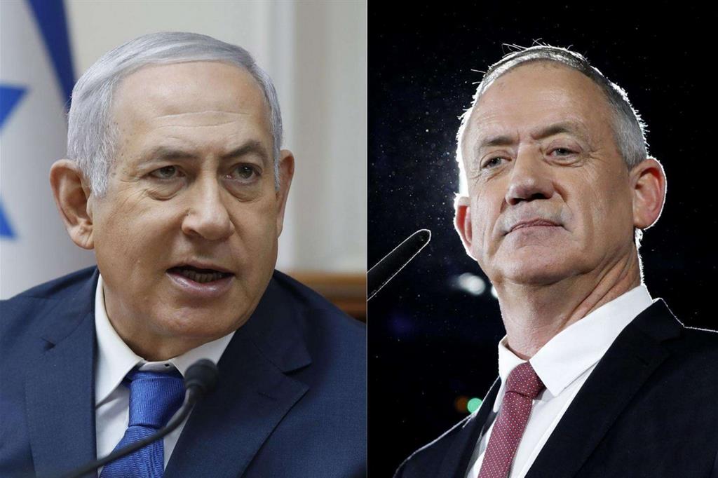 Il premier israeliano uscente, Benjamin Netanyahu (a sinistra), e lo sfidante Benny Gantz (Ansa)