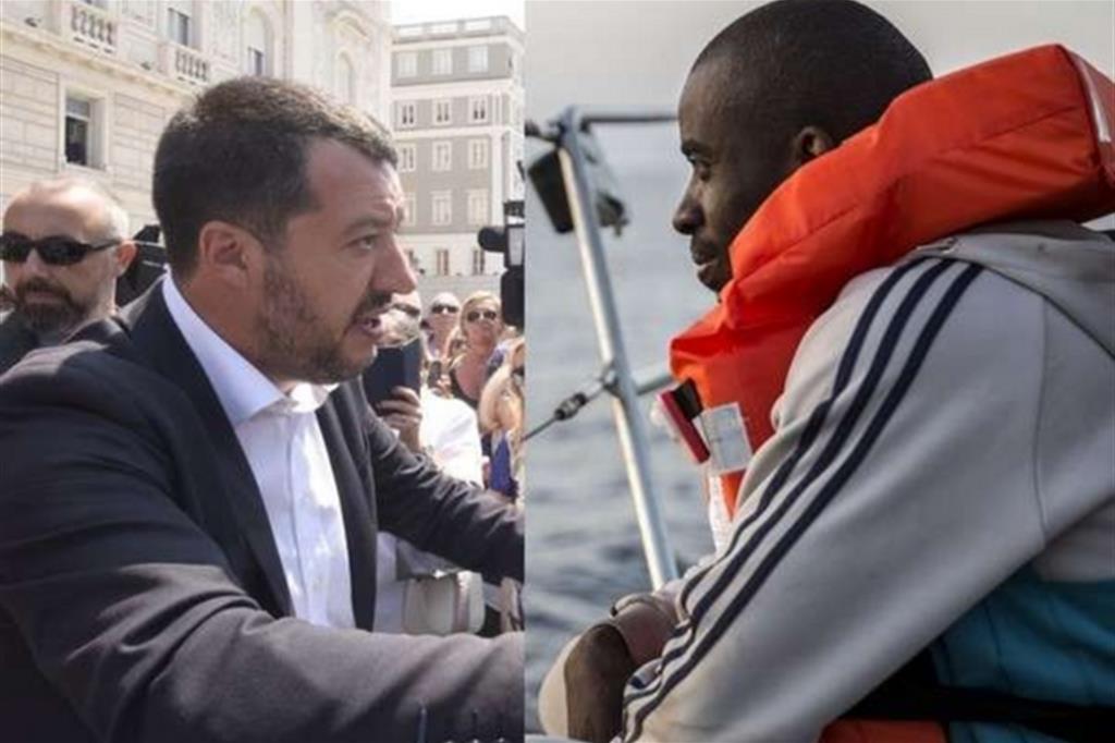 il ministro Salvini e a destra un migrante a bordo della nave Alex della Mediterranea