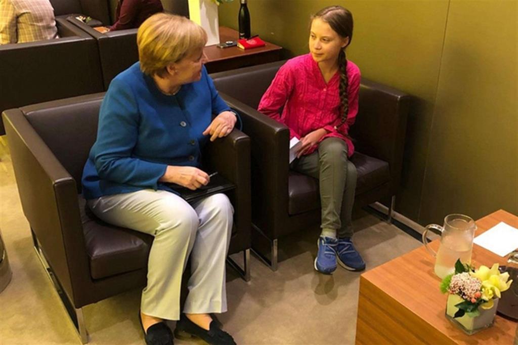 Greta a colloquio con Angela Merkel all'Onu (Ansa)