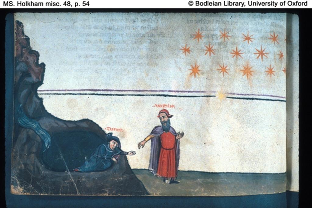 «E quindi uscimmo a riveder le stelle» (XXXIV, 139), in un’antica miniatura