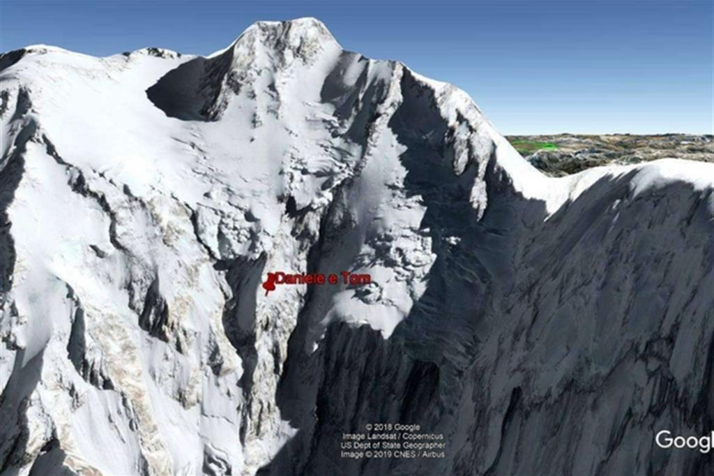 L'ultima posizione conosciuta dell'alpinista laziale Daniele Nardi che insieme all'inglese Tom Ballard è impegnato nella scalata invernale del Nanga Parbat, in Pakistan. I due nell'ultima comunicazione hanno detto di essere a campo 4, a 6.000 metri di quota, sulla via dello Sperone Mummery