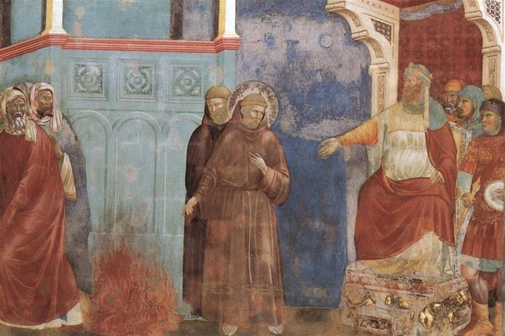 Francesco sfida il Sultano alla prova del fuoco in uno degli affreschi attribuiti a Giotto nella Basilica Superiore di Assisi (1290-1295)