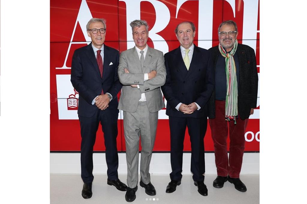 Da sinistra, Giovanni Liverani, Maurizio Cattelan, Philippe Donnet e Oliviero Toscani