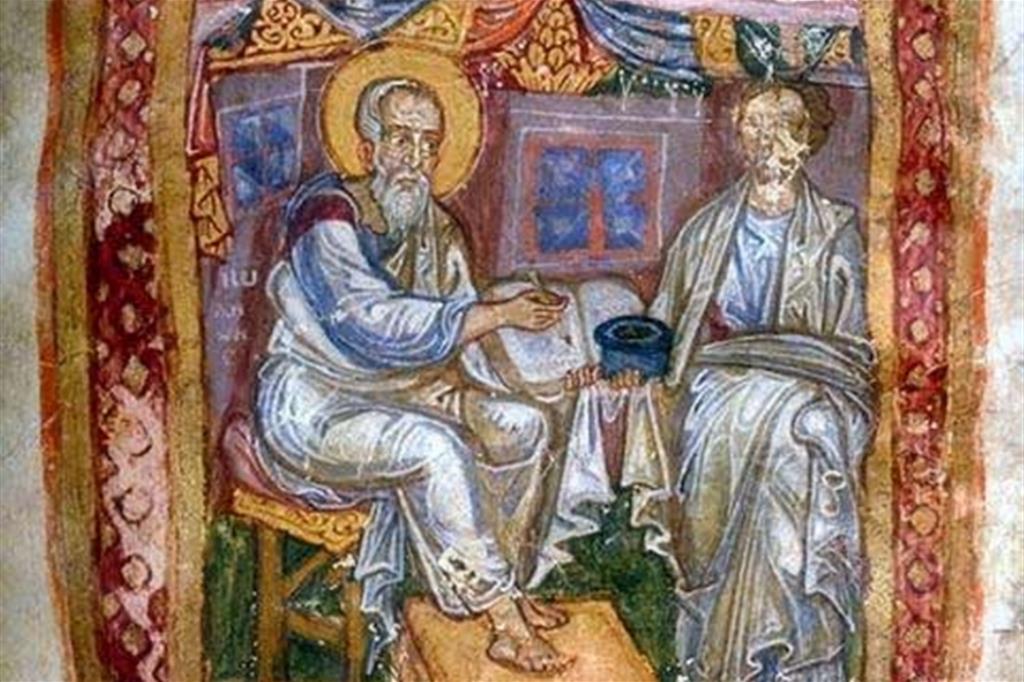 L’apostolo Giovanni e Marcione di Sinope in una miniatura dell’XI secolo (Wikicommons)