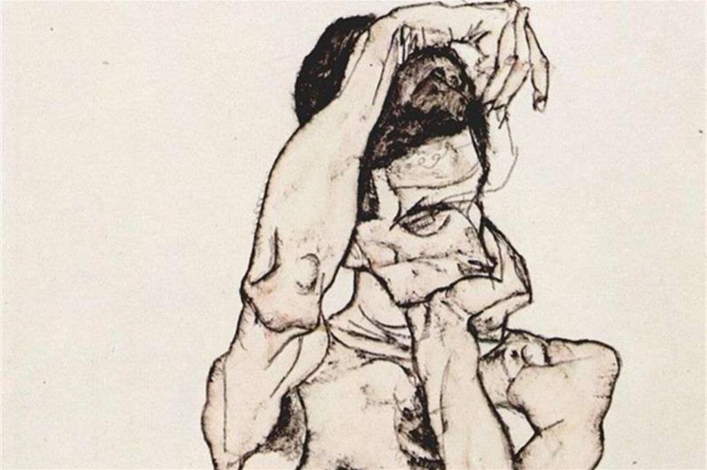 Egon Schiele, "Nudo maschile con fascia rossa che cinge i fianchi", acquarello del 1914 conservato nella Grafische Sammlung Albertina di Vienna (particolare)