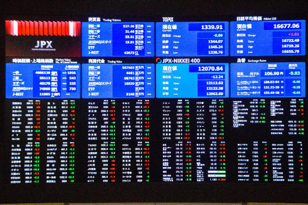 Il pannello che mostra l'andamento dei titoli in un giorno normale alla Borsa di Tokyo