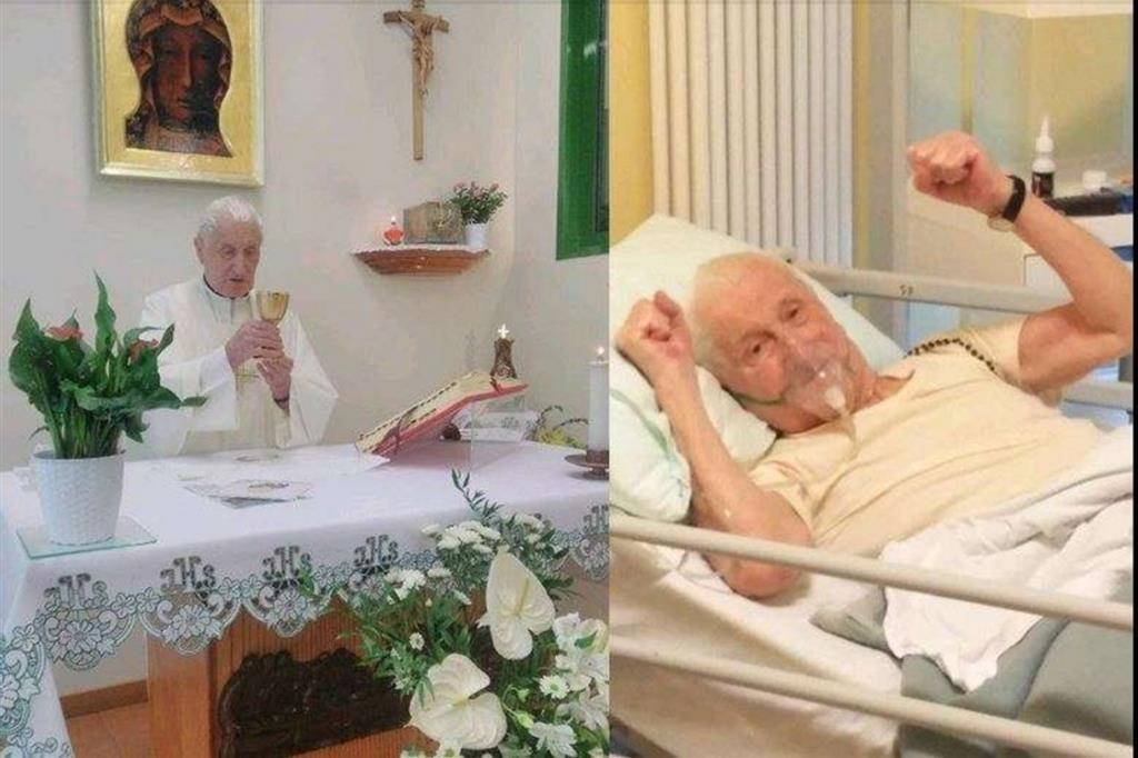 Camillo Longo celebra Messa e a destra in ospedale con il rosario sulle spalle