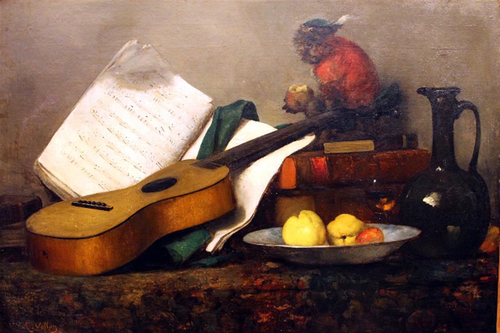 Antoine Vollon, "Natura morta con macaco e chitarra (arte e ingordigia)", 1864