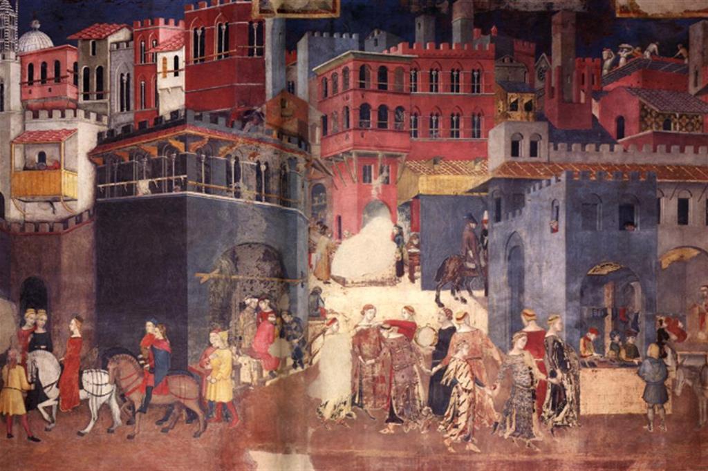 Ambrogio Lorenzetti, "Effetti del Buon Governo in città" (1338). Siena, Palazzo Pubblico