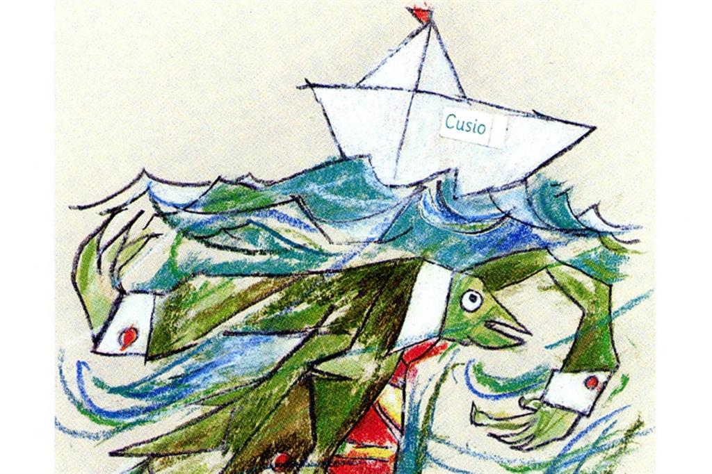 Un disegno di Mauro Maulini tratto dal catalogo della mostra "Teatrino per Rodari" edito da Interlinea Edizioni Novara, mostra il Ragioniere pesce del Cusio della fiaba di Gianni Rodari
