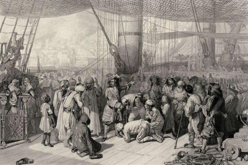 La liberazione di alcuni schiavi cristiani dopo il bombardamento di Algeri del 1683. Ma lo schiavismo e l'attività corsara erano ampiamente praticate anche sulle sponde cristiane del Mediterraneo