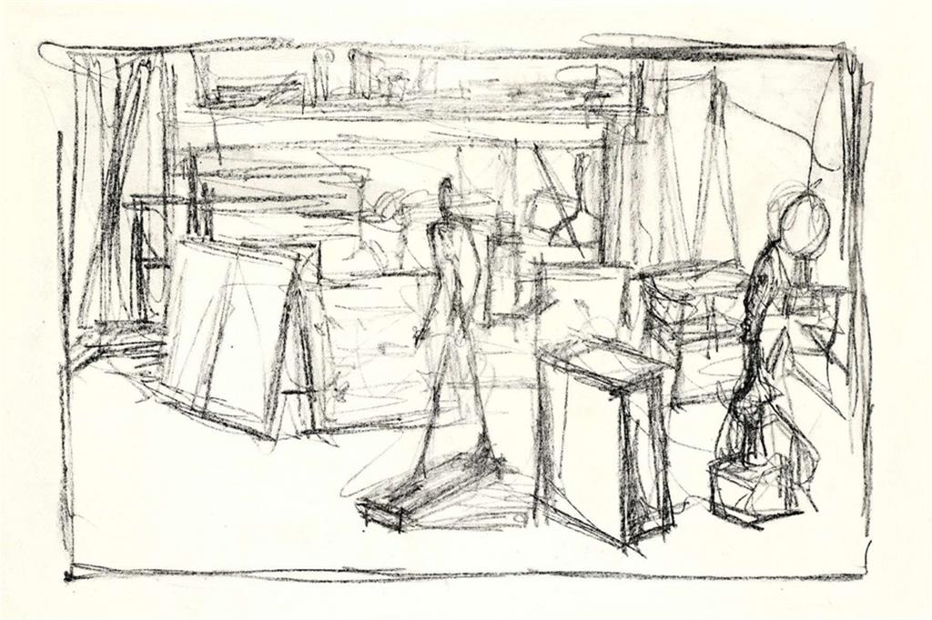 Alberto Giacometti, «Sculture e quadri nell’atelier, tra cui l’“Uomo in marcia”» (litografia, 1951)