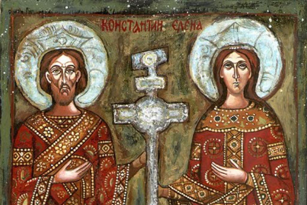 Icona ortodossa bulgara con l'imperatore e la madre Elena e la Vera Croce