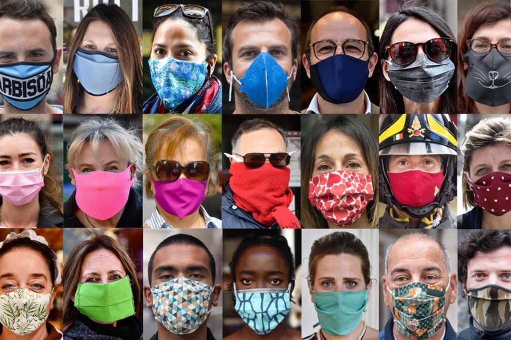na combo selezione delle mascherine divise per colore pantone indossate dagli italiani nel primo giorno di riapertura di diverse attività commerciali, Genova, 18 maggio 2020