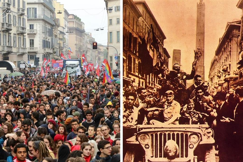 Piazze di ieri e di oggi. A destra: l’ingresso trionfante degli Alleati a Bologna nel 1945. A sinistra: Milano invasa dai giovani l’anno scorso