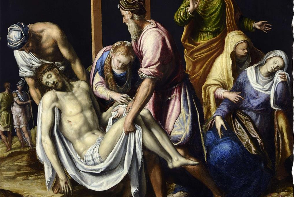Simone Peterzano, "Deposizione di Cristo dalla croce", olio su ardesia, particolare. Musée des Beaux-Arts de Strasbourg