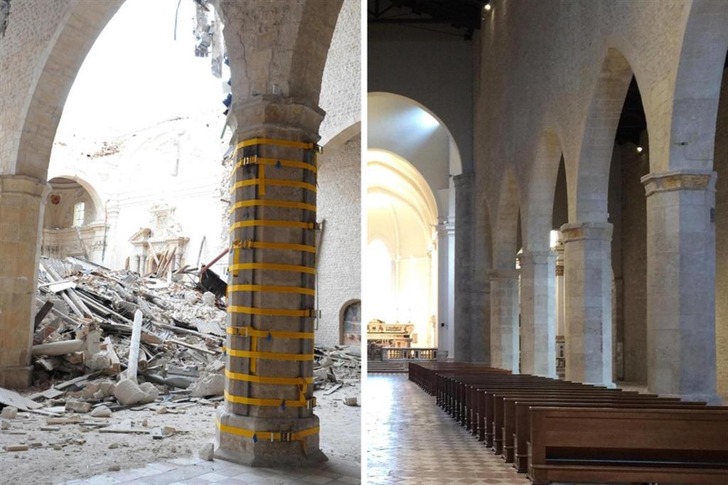 La Basilica di Collemaggio a L'Aquila distrutta dal terremoto nel 2009 e oggi, dopo la ricostruzione