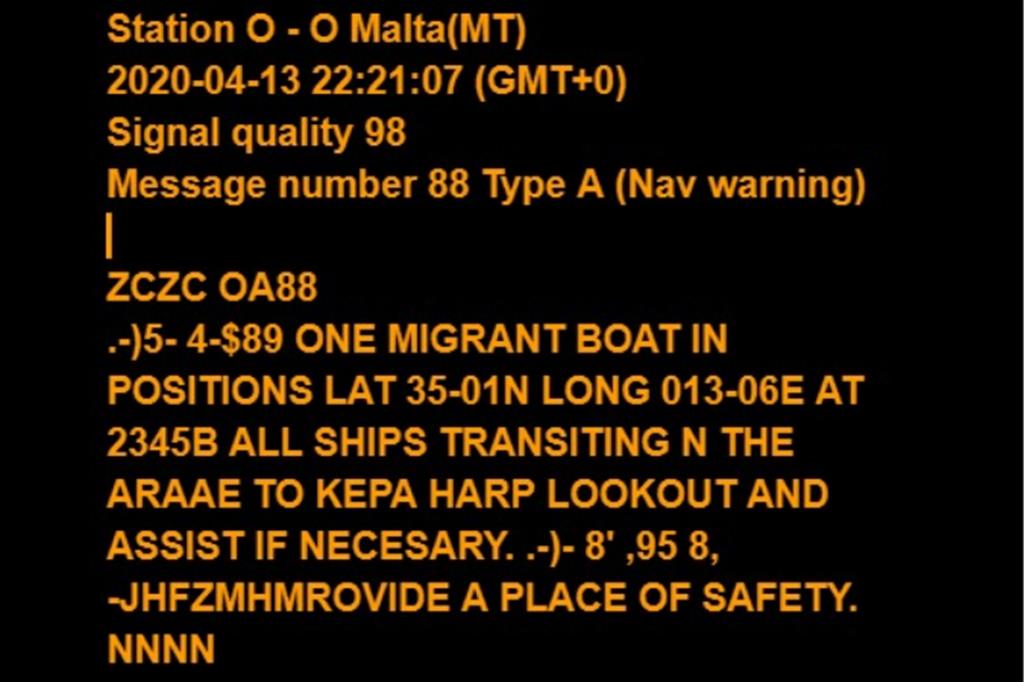 Gommone alla deriva. Il messagio di allerta trasmesso dalla Marina maltese a tutti i naviganti