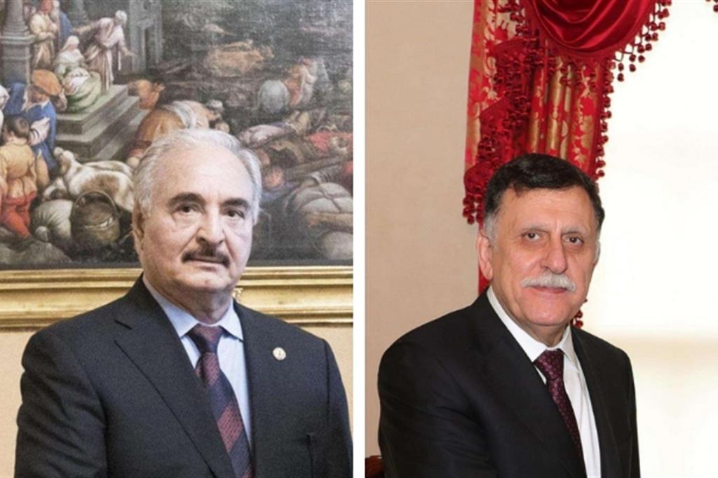 Il generale Haftar, a sinistra, e il presidente del governo libico al Sarraj