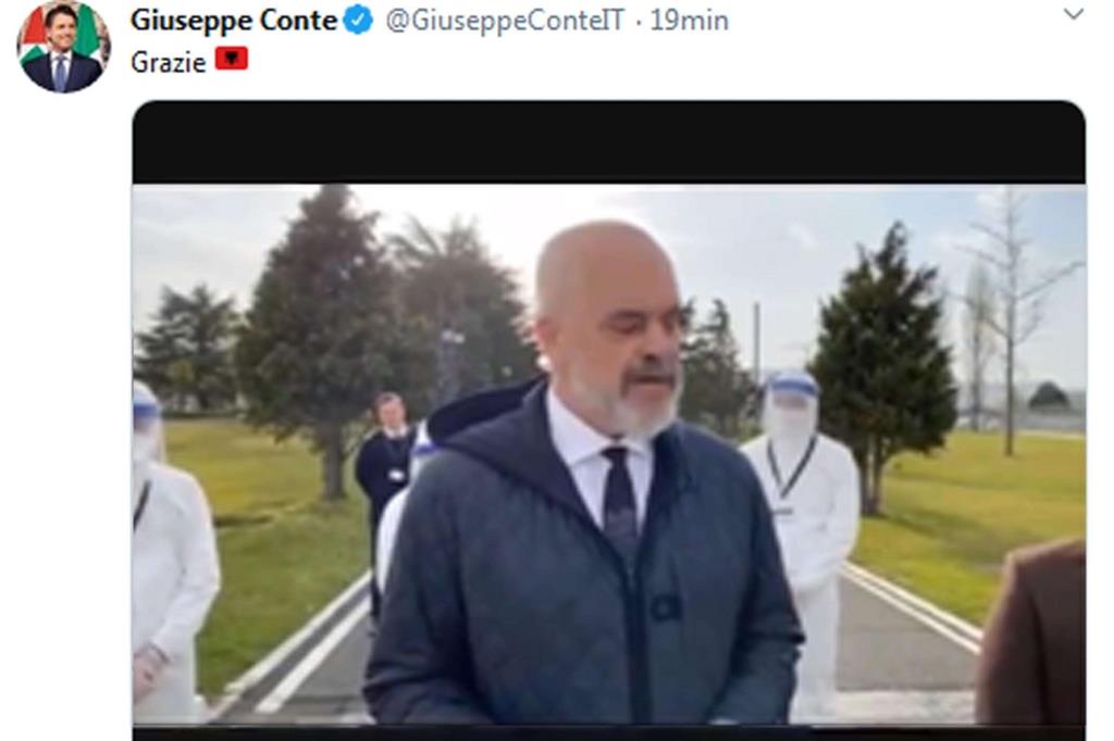 Il tweet di Conte che ringrazia il premier albanese