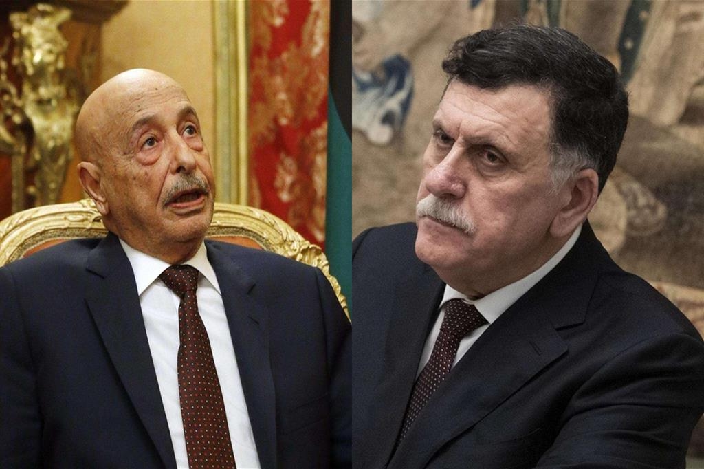 Il presidente del Parlamento di Tobruk, Aguila Saleh (a sinistra), e il presidente del governo libico, Fayez al Sarraj