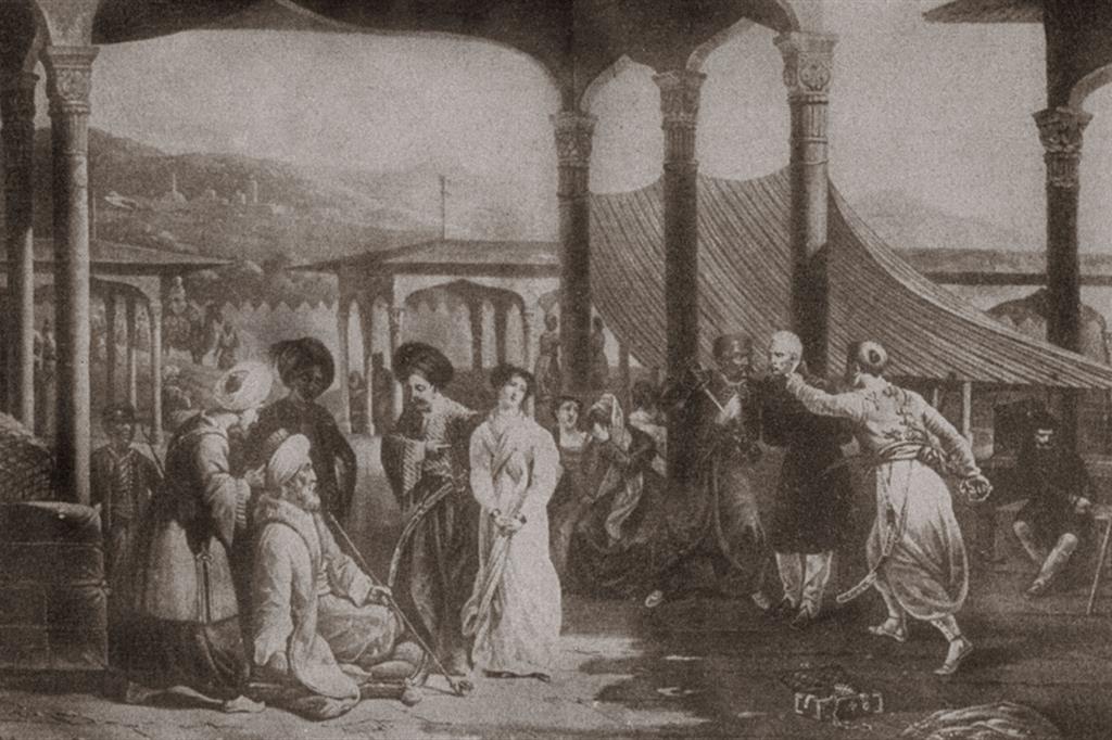 Vendita di schiave catturate dai pirati in un bazar di Algeri (stampa del XVIII secolo)