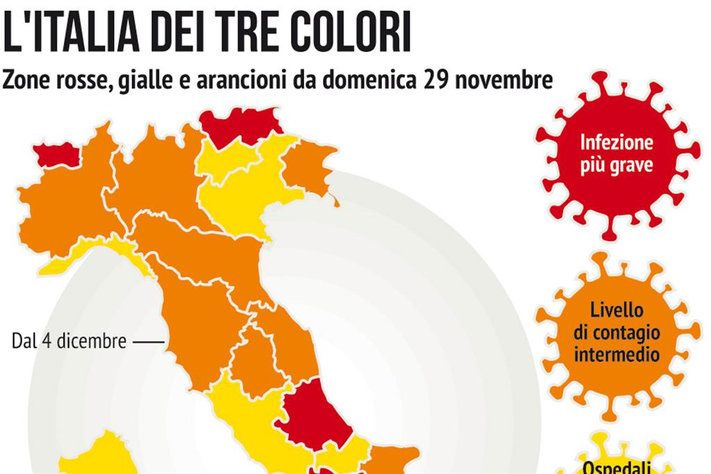 Lombardia, Calabria e Piemonte arancione, Liguria e Sicilia in fascia gialla