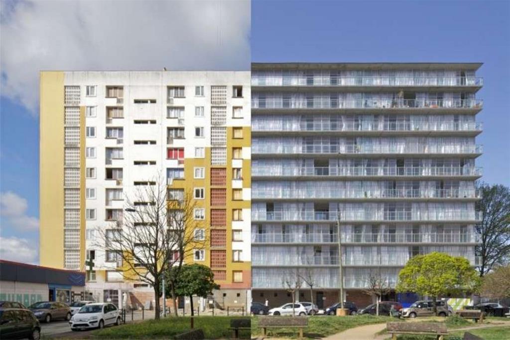 La riconversione del complesso di 530 abitazioni nel quartiere Grand Parc a Bordeaux a opera di Anne Lacaton & Jean Philippe Vassal: a sinistra il prima, a destra il dopo