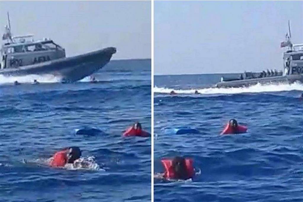 alcune immagini di un gruppo di migranti in acque maltesi poi spinti dai militari de La Valletta verso l’Italia