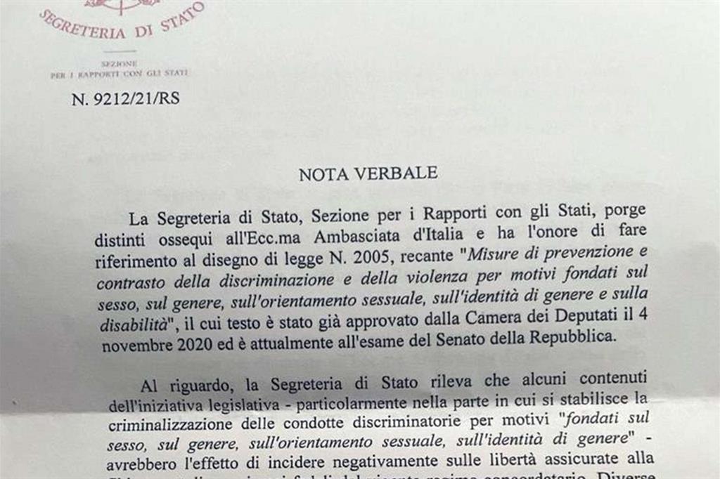 Ddl Zan, ecco il testo della nota della segreteria di Stato del Vaticano 